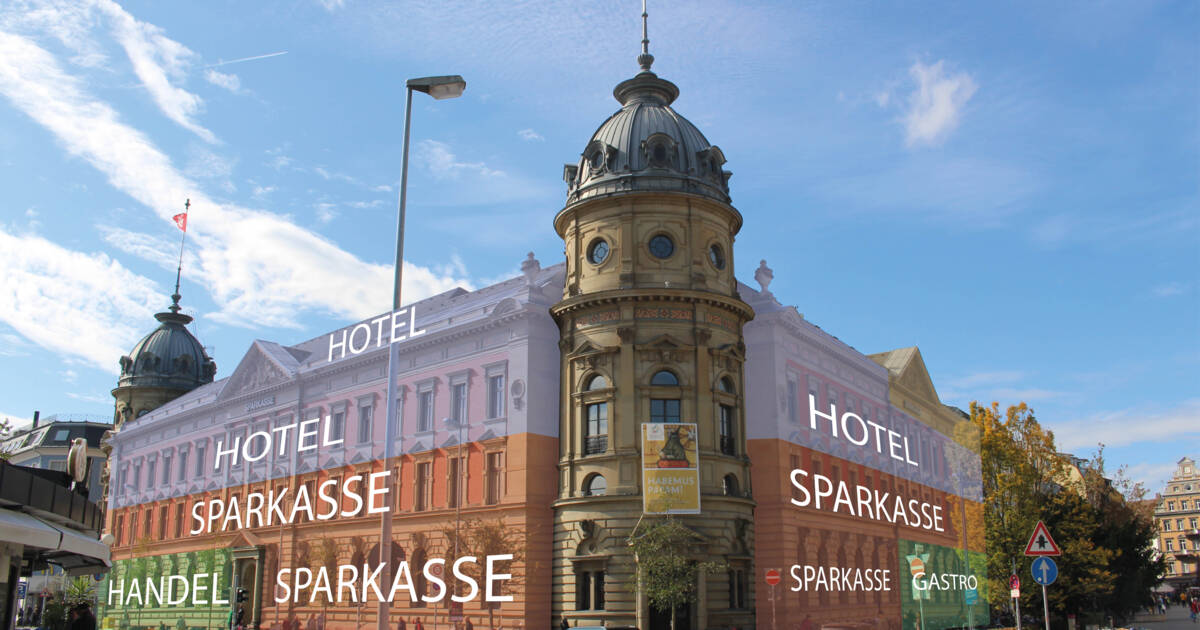 Die Sparkasse, Handel und Gastronomie beziehen künftig die ersten beiden Stockwerke des historischen Gebäudes, im Obergeschoss entsteht ein Hotel mit rund 60 Zimmern.