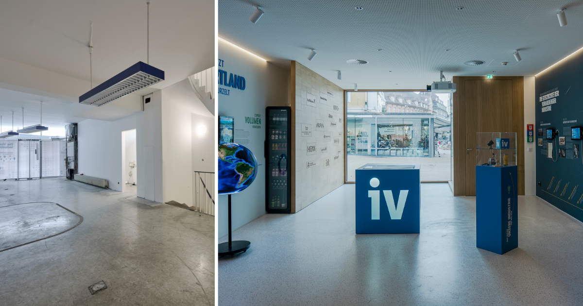 Haus der Zukunft vorher nachher Foyer © links: © Marcel Hagen / Studio22
rechts:  © Albrecht Imanuel Schnabel 