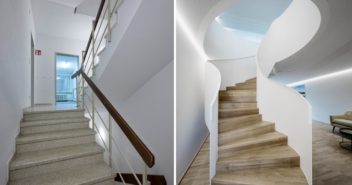 Haus der Zukunft Vorher-nachher Stiegenhaus © links: © Marcel Hagen / Studio22
rechts:  © Albrecht Imanuel Schnabel 