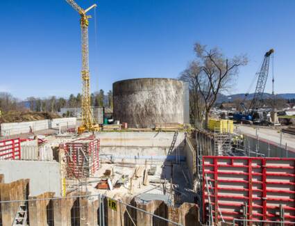 Spezialtiefbau: Das Fundament für das Hochwasserpumpwerk steht auf DSV-Säulen. © Dietmar Walser