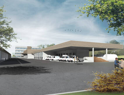 Den massiven Betonbau umhüllt i+R mit einer Verbundsystemfassade und Holzelementen. © ©GTL Den massiven Betonbau umhüllt i+R mit einer Verbundsystemfassade und Holzelementen. © ©GTL