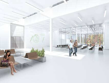 Großzügige und helle Räume sollen im Regionalen Innovations- und Technologietransferzentrum die Entwicklung von High-Tech-Ideen begünstigen. © ©Baumschlager Hutter Partners Großzügige und helle Räume sollen im Regionalen Innovations- und Technologietransferzentrum die Entwicklung von High-Tech-Ideen begünstigen. © ©Baumschlager Hutter Partners